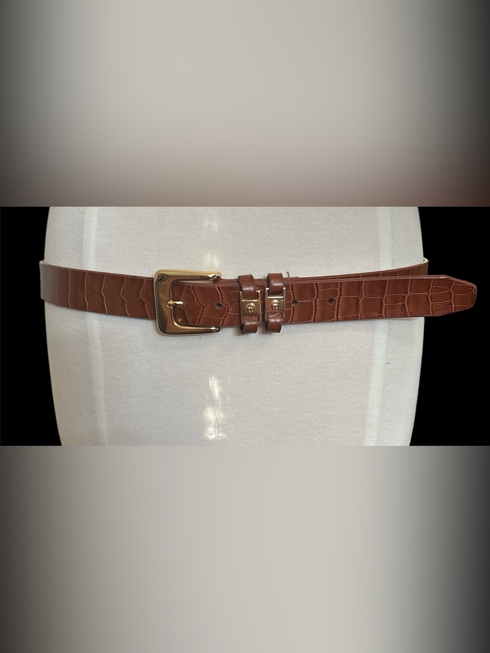 Etienne Aigner Brown Croc-Embossed Leather Belt with Gold Buckle